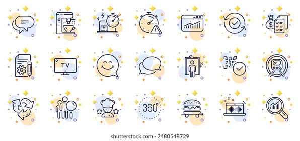 Outline set of Elevator, Security confirmed and Attention line icons for web app. Include Messenger, Search people, Accounting wealth pictogram icons. 360 degrees, Metro subway. Vector