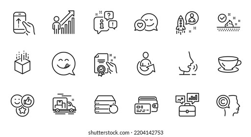 Outline set of Employee result, Swipe up and Augmented reality line icons for web application. Talk, information, delivery truck outline icon. Include Writer, Wallet, Yummy smile icons. Vector