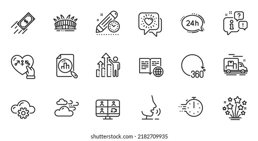 Outline set of Employee results, Analytics graph and Fireworks stars line icons for web application. Talk, information, delivery truck outline icon. Vector