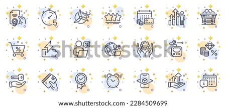 Outline set of Employee results, Outsource work and Calendar line icons for web app. Include Stars, Augmented reality, Loan percent pictogram icons. Timer, Wallet, Coal trolley signs. Vector