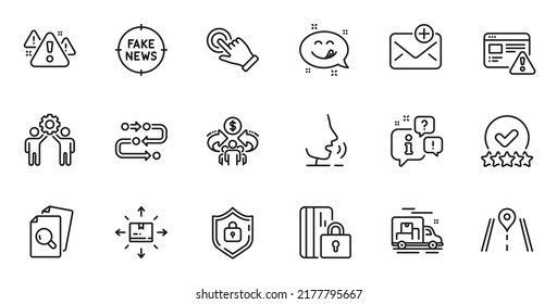 Conjunto de esquema de trabajo en equipo de empleados, advertencia de Internet e iconos de línea de cuadro de cartón para aplicaciones web. Hable, información, icono de esquema del camión de entrega. Vector