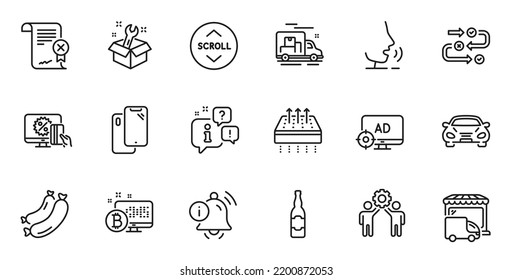 Outline set of Employees teamwork, Scroll down and Information bell line icons for web application. Talk, information, delivery truck outline icon. Vector