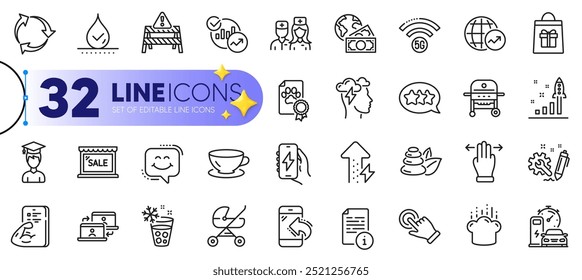 Outline set of Engineering, Smile chat and Waterproof line icons for web with Cooking hat, Touchscreen gesture, Multitasking gesture thin icon. Dog certificate, Student. Vector