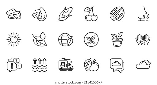 Outline set of Environment day, Pecan nut and Fair trade line icons for web application. Talk, information, delivery truck outline icon. Include Corn, Sun, Recycle water icons. Vector