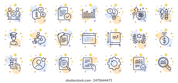 Outline set of Ethics, Calendar and Time management line icons for web app. Include Column chart, Ranking, Music phone pictogram icons. Compliance, Student, Contactless payment signs. Vector