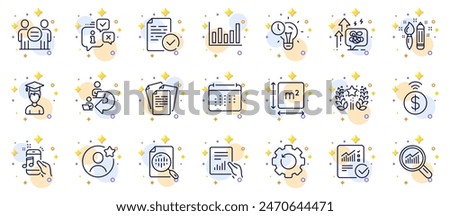 Outline set of Ethics, Calendar and Time management line icons for web app. Include Column chart, Ranking, Music phone pictogram icons. Compliance, Student, Contactless payment signs. Vector