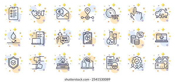 Outline set of Euro money, 360 degree and Waterproof line icons for web app. Include Cyber attack, Chemistry lab, Cursor pictogram icons. 5g cloud, Approved shield, Quick tips signs. Vector