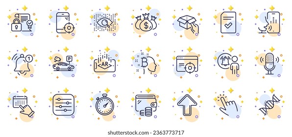 Outline set of Event click, Chemistry dna and Bitcoin think line icons for web app. Include Hold box, Artificial intelligence, Checked file pictogram icons. Wallet, Augmented reality. Vector