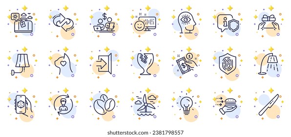 Outline set of Exit, Table knife and Coffee beans line icons for web app. Include Smile, Budget accounting, Pets care pictogram icons. Refresh, Travel luggage, Fingerprint signs. Vector