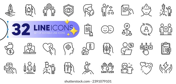 Outline set of Eye detect, Medical mask and Clipboard line icons for web with Clean shirt, Ethics, Leadership thin icon. Hold heart, Bribe, Recruitment pictogram icon. Eye checklist. Vector