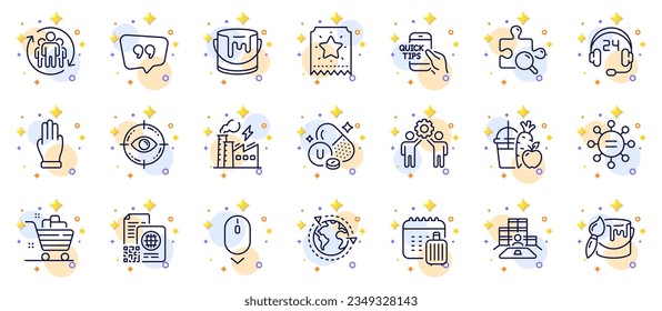 Conjunto de esquema de objetivo Ojo, Desplazar hacia abajo y Tres iconos de línea de dedos para la aplicación web. Incluya educación, rompecabezas de búsqueda, íconos de pictograma de cesta de compras. Inventario, trabajo en equipo de empleados, señales éticas. Vector