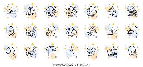 Outline set of Face cream, Problem skin and Sunscreen line icons for web app. Include Skirt, Vitamin h, Vitamin d pictogram icons. Collagen skin, Uv protection, T-shirt signs. Vector