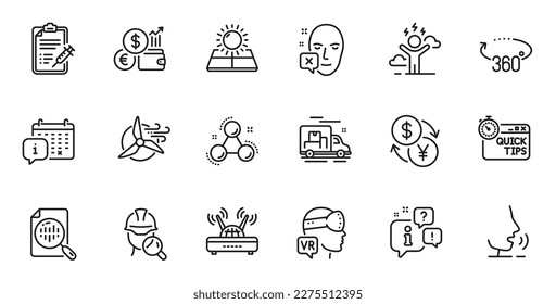 Conjunto de contornos de Face declinado, Inspeccionar e Iconos de línea de molécula de Química para aplicaciones web. Hable, información, icono de esquema del camión de entrega. Vector