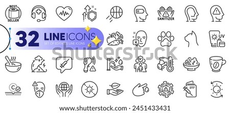 Outline set of Face declined, Mental health and Vaccination passport line icons for web with Collagen skin, Weariness, Sunscreen thin icon. Sun protection, Medical support. Vector