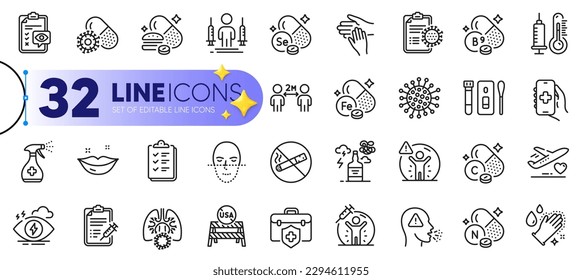 Outline set of Face recognition, Coronavirus and Medical insurance line icons for web with Coronavirus lungs, Vaccine protection, Health app thin icon. Cough, Covid test. Vector