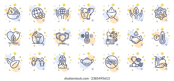 Outline set of Fahrenheit thermometer, Medical mask and Shields line icons for web app. Include Mental health, Organic product, Coronavirus pictogram icons. Salad, Electronic thermometer. Vector