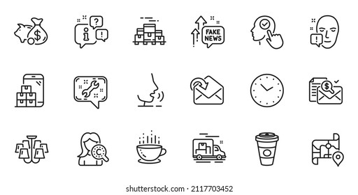 Outline set of Fake news, Coffee cup and Time line icons for web application. Talk, information, delivery truck outline icon. Include Spanner, Collagen skin, Chandelier icons. Vector