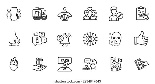 Outline set of Fake review, Edit person and Artificial intelligence line icons for web application. Talk, information, delivery truck outline icon. Vector