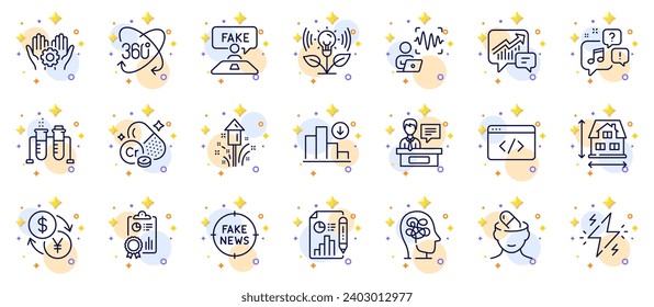 Outline set of Fake review, Inspect and Power line icons for web app. Include Fireworks, Employee hand, Depression treatment pictogram icons. Voice wave, Voicemail, Currency exchange signs. Vector