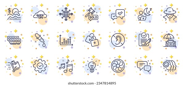 Outline set of Fan engine, Check investment and Inventory cart line icons for web app. Include Locks, Car insurance, Shift pictogram icons. Idea, No hearing, Employees teamwork signs. Vector