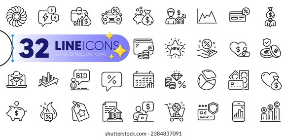 Conjunto de esquemas de motores de ventilador, iconos de línea Nueva estrella y Porcentaje de préstamo para web con Loan, Graph chart, icono de delgado crecimiento de negocios. Etiquetas de fidelidad, carteras, ícono de pictograma de carrito de compras. Dinero. Vector