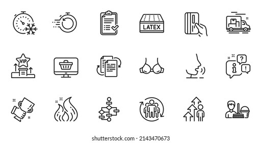 Outline set of Fast recovery, Teamwork and Freezing timer line icons for web application. Talk, information, delivery truck outline icon. Include Bra, Fire energy, Latex mattress icons. Vector