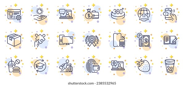 Outline set of Feedback, Friends chat and Travel delay line icons for web app. Include Sun protection, Computer, Strawberry pictogram icons. Ice tea, Global engineering, Puzzle signs. Vector