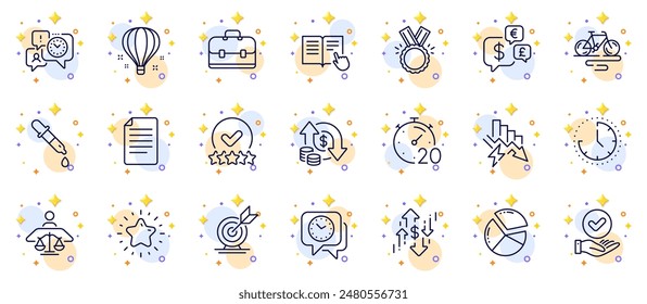 Outline set of File, Money currency and Saving electricity line icons for web app. Include Bike, Rating stars, Target goal pictogram icons. Read instruction, Timer, Clock signs. Vector