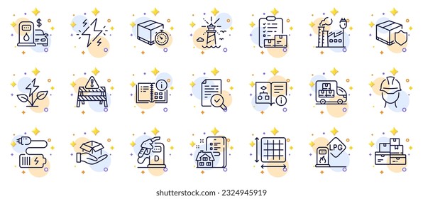 Outline set of Filling station, Inventory checklist and Hold box line icons for web app. Include Factory, Technical algorithm, Lighthouse pictogram icons. Eco power, Diesel station. Vector