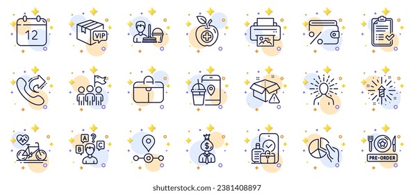 Outline set of Fireworks explosion, Pie chart and Handbag line icons for web app. Include Approved checklist, Carry-on baggage, Vip parcel pictogram icons. Savings tax, Station. Vector