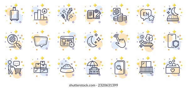 Outline set of Fireworks rocket, Baggage reclaim and Chat message line icons for web app. Include Balcony, Engineering documentation, Web timer pictogram icons. Wholesale goods. Vector