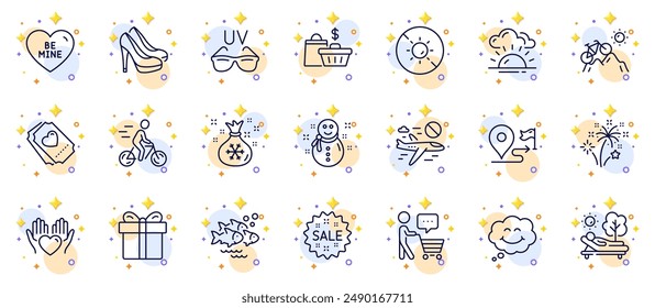 Outline set of Fireworks, Sunglasses and Sale line icons for web app. Include Shoes, Be mine, Fish school pictogram icons. Lounger, Snowman, Sale bags signs. Gift box, Smile, Santa sack. Vector