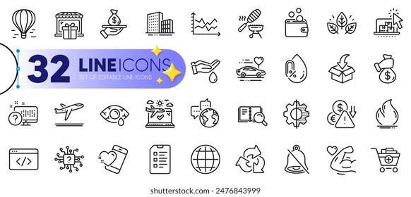 Outline set of Fish grill, Online storage and Mute line icons for web with World communication, Search book, Conjunctivitis eye thin icon. Wallet money, Organic tested. Vector