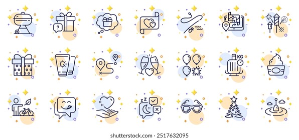 Outline set of Fishing rod, Journey and Balloon dart line icons for web app. Include Ice cream, Fishing float, Wedding glasses pictogram icons. Christmas tree, Hold heart, Grill signs. Vector