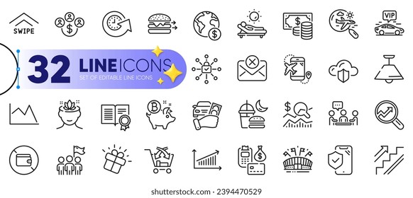 Outline set of Flight destination, Yoga mind and Swipe up line icons for web with Ceiling lamp, Global business, Gift thin icon. Lounger, Line chart, Leadership pictogram icon. Vector