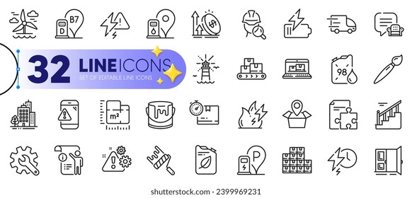 Conjunto de esquemas del plan del piso, el relámpago y los iconos de la línea de mensajes de advertencia para la web con el icono de inspección, pincel, delgado de la estación de gasolina. Faro, estación Diesel, Icono del pictograma del salón. Vector
