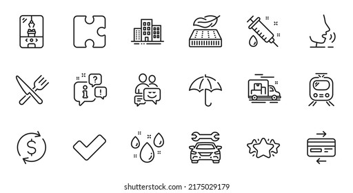 Conjunto de esquemas de Alimentos, colchón ligero e iconos de línea de tarjeta de crédito para aplicaciones web. Hable, información, icono de esquema del camión de entrega. Incluye los iconos de la máquina de claw Crane, Car, Buildings. Vector