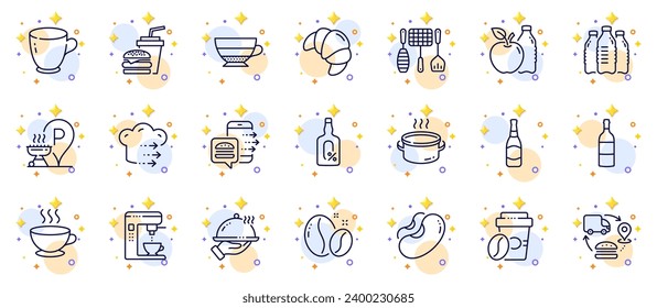 Outline set of Food order, Coffee beans and Restaurant food line icons for web app. Include Supply chain, Coffee maker, Alcohol free pictogram icons. Beans, Apple, Americano signs. Vector
