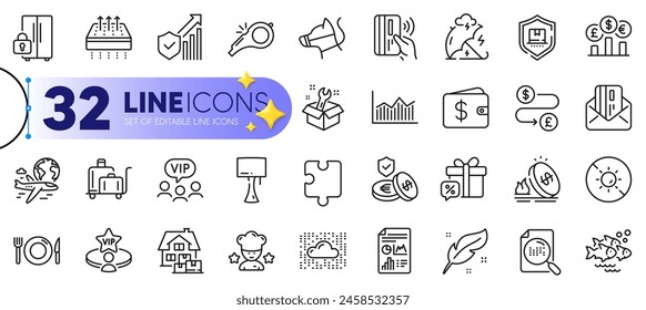 Outline set of Food, Security statistics and Table lamp line icons for web with Money diagram, Home moving, Money transfer thin icon. Refrigerator, Fish school, Dog leash pictogram icon. Vector