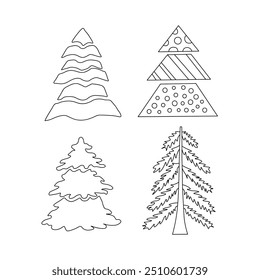 Outline of set of four Christmas trees in different shapes. Vector illustration on a white background