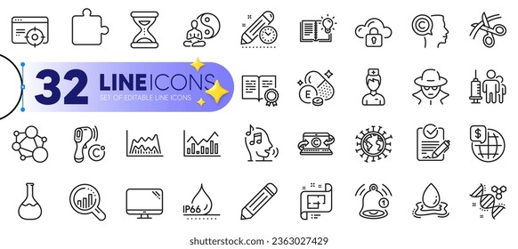 Outline set of Fraud, Integrity and Writer line icons for web with Chemistry lab, Waterproof, Voicemail thin icon. Rfp, Scissors, Trade chart pictogram icon. Doctor, Project deadline. Vector