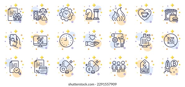 Conjunto de esquemas de iconos de línea de Fraude, vitamina e y aplicación de búsqueda para la aplicación web. Incluye el proyecto Bitcoin, el impuesto Calendar, los iconos del pictograma de café Love. Mercado de alimentos, modelo de configuración, señales de grupo. Vector