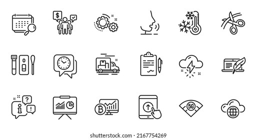 Outline set of Freezing, Bitcoin chart and Copyright laptop line icons for web application. Talk, information, delivery truck outline icon. Vector