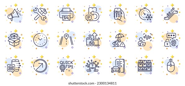 Outline set of Freezing timer, Risk management and Repair line icons for web app. Include Biometric security, Restaurant app, Phone message pictogram icons. Megaphone, Car registration. Vector