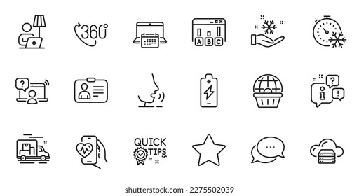 Outline set of Freezing timer, Survey results and 360 degree line icons for web application. Talk, information, delivery truck outline icon. Vector