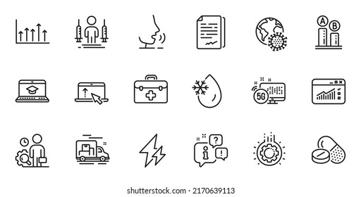 Conjunto de esquema de agua congelante, Subir y 5g iconos de línea de internet para aplicaciones web. Hable, información, icono de esquema del camión de entrega. Vector