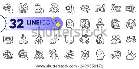 Outline set of Friends chat, Graph chart and Hold box line icons for web with Eye protection, Employees teamwork, Download app thin icon. Inspect, Stop shopping, Online auction pictogram icon. Vector