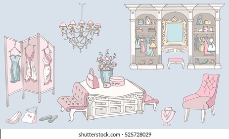 outline a set of furniture for a chic, glamor, elegant  dressing room for storage of female fashion and fitting,  colored blue, pink, white, yellow, for interior decoration of room indoor, vector 