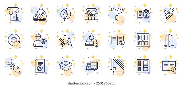 Outline set of Gas price, Brush and Lightning bolt line icons for web app. Include Open door, Engineering documentation, Technical documentation pictogram icons. Return package. Vector
