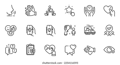 Outline set of Genders, Ranking star and Wash hands line icons for web application. Talk, information, delivery truck outline icon. Vector